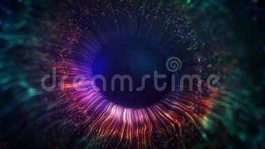 人类五彩虹膜的眼部动画概念.. 彩虹的线条在闪光后从明亮的白色圆圈中散开